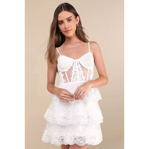 Lulus Exquisite Drama White Embroidered Sequin Tiered Mini Dress - Size S